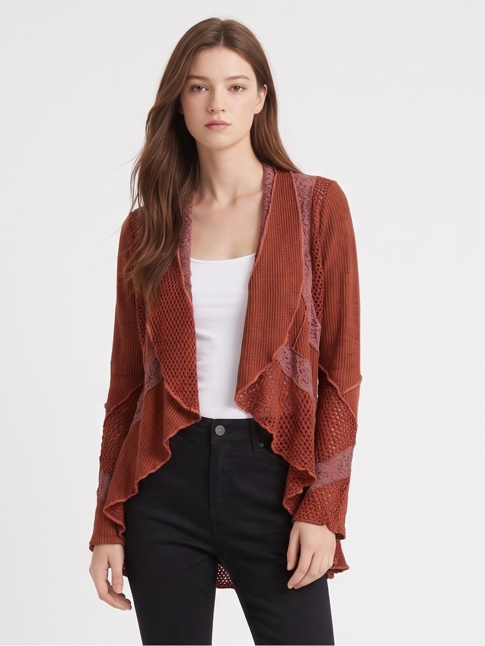 NM Cottagecore Bohemian VTG inspired Rust Open-Front Ruffled Knit Cardigan.M